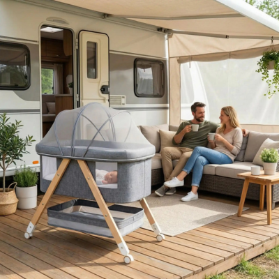 Couffin bébé vacances camping parents heureux