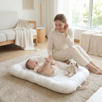 Couffin nomade multifonction respirant maman regarde bébé jouer pieds