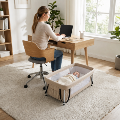 Couffin portable pliable et sécurisé maman travaille ordinateur bébé dodo