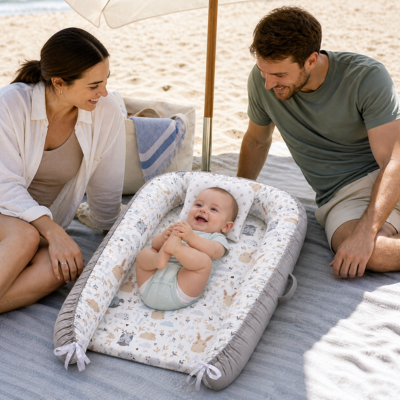 Couffin transportable pur coton évolutif papa maman regarde bébé jouer pieds plage