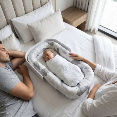 Couffin voyage nomade confort maman regarde papa bébé sieste hotel