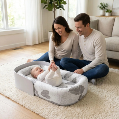 Couffin voyage nomade confort papa maman regardent bébé jouer pieds