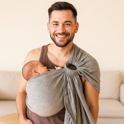 Écharpe de portage bébé main libre papa souriant
