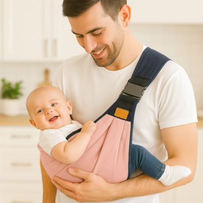 Écharpe de portage bébé moderne papa souriant