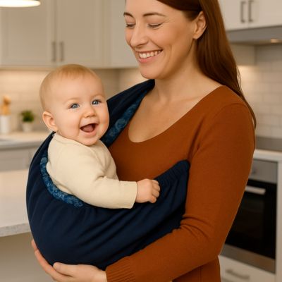 Écharpe de portage ergonomique bébé face à maman souriante