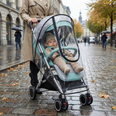 Habillage pluie poussette transparent promenade printemps pluie village