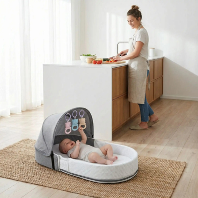 Lit de voyage bébé nomadcosy bébé joue maman cuisine
