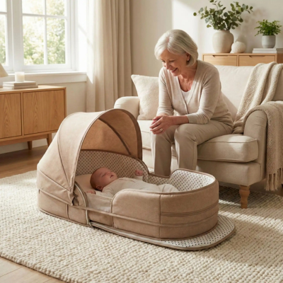 Lit de voyage bébé ultracompact grand-maman regarde bébé dodo