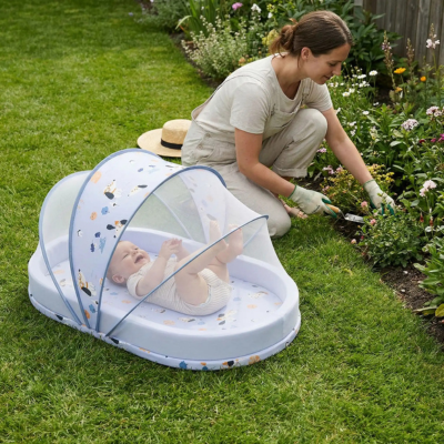 Lit voyage bébé douceur cocon bébé joue maman jardine