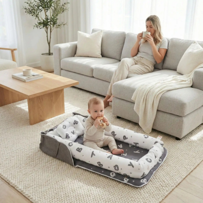 Lit voyage bébé nomade bébé joue assis salon