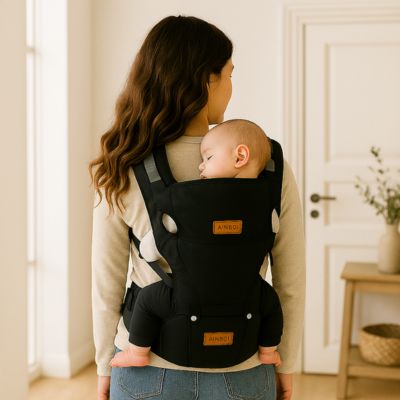 Porte bébé ergonomique évolutif capuche ourson maman dos salon
