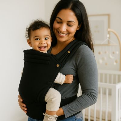 Porte bébé physiologique enveloppant maman heureuse