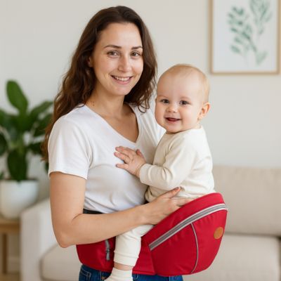 Porte bébé tabouret hanche maman souriante
