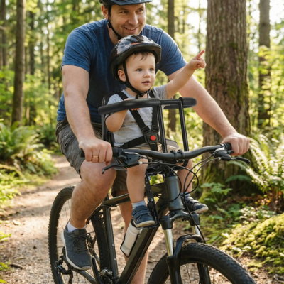 Porte bébé vélo sécurisé confort papa fils balade forêt