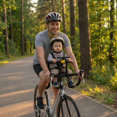 Porte bébé vélo sécurité maximale papa fils promenade sentier