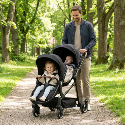 Poussette bébé confort double compacte papa promenade sentier bébés