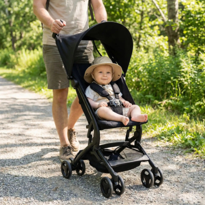 Poussette canne ultra-compacte papa bébé promenade sentier