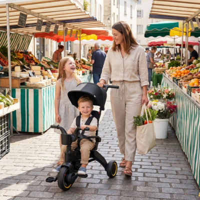 Poussette évolutive 3 en 1 famille marché extérieur