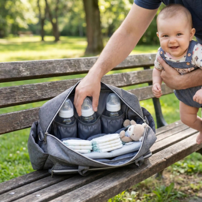 Sac à langer bandoulière ultra-organisé papa bébé bras prend biberon bébé
