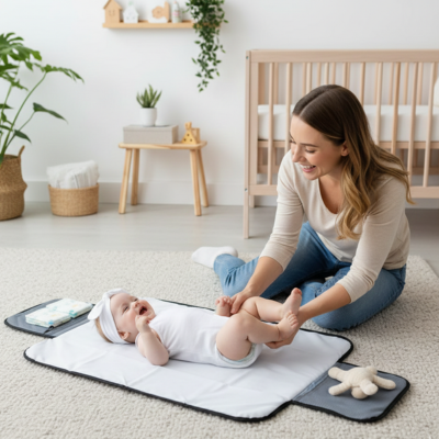 Tapis à langer nomade compact élégant maman souriante 